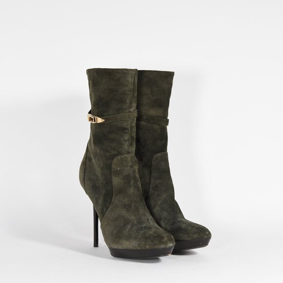Burberry Olive Suede Ankle Boots with Gold Accents Size 37.5 Stiletto Heel - Picture 3 of 14